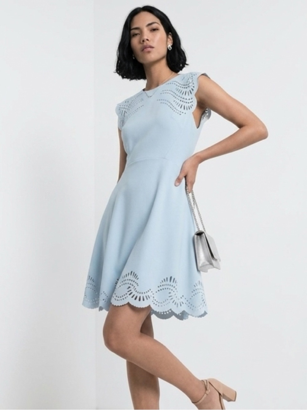 Reiss Light Blue Laser-Cut Midi Dress